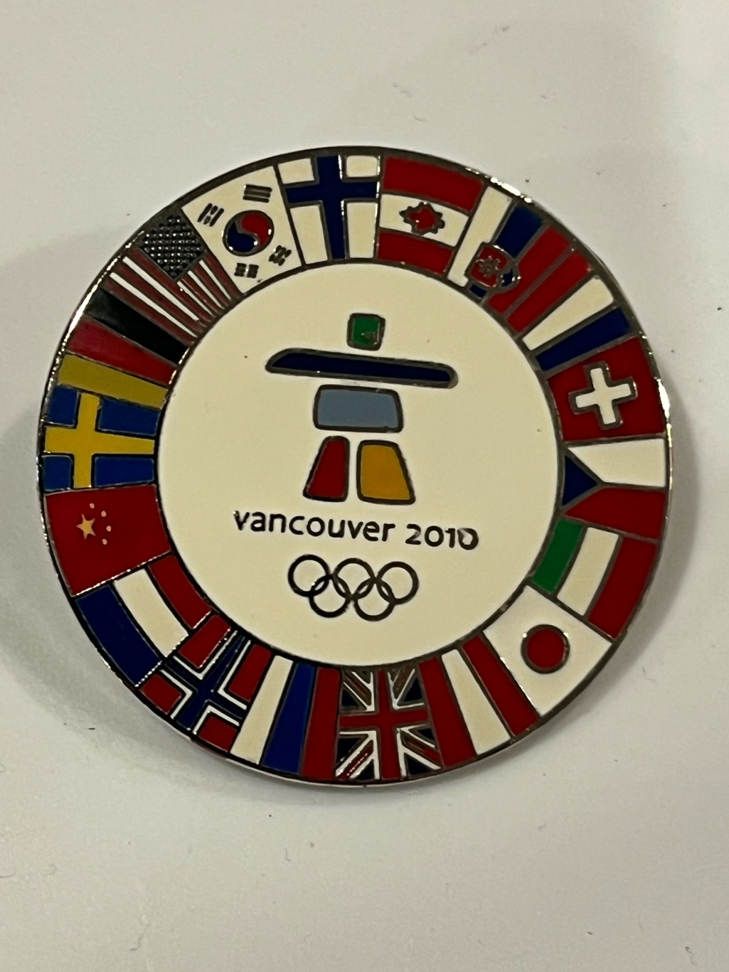 Olympics 2010 Inukshuk All Nations Flag Pin Vancouver Winter Games Silver Pin